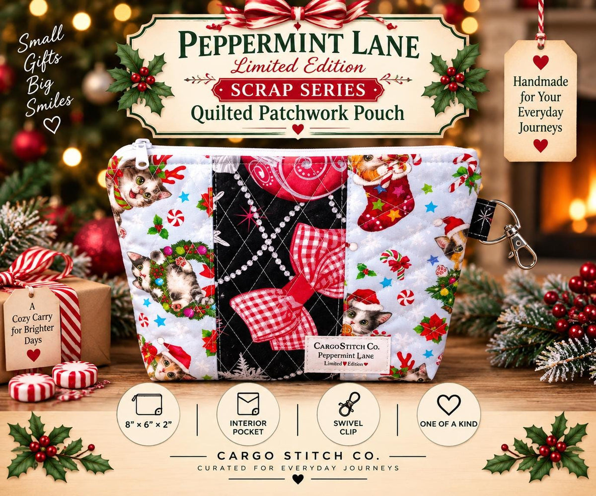 Christmas Patchwork Zipper Pouch | Quilted Cat Makeup Bag | Peppermint Lane Scrap Series | Handmade Holiday Gift