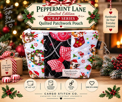 Christmas Patchwork Zipper Pouch | Quilted Cat Makeup Bag | Peppermint Lane Scrap Series | Handmade Holiday Gift