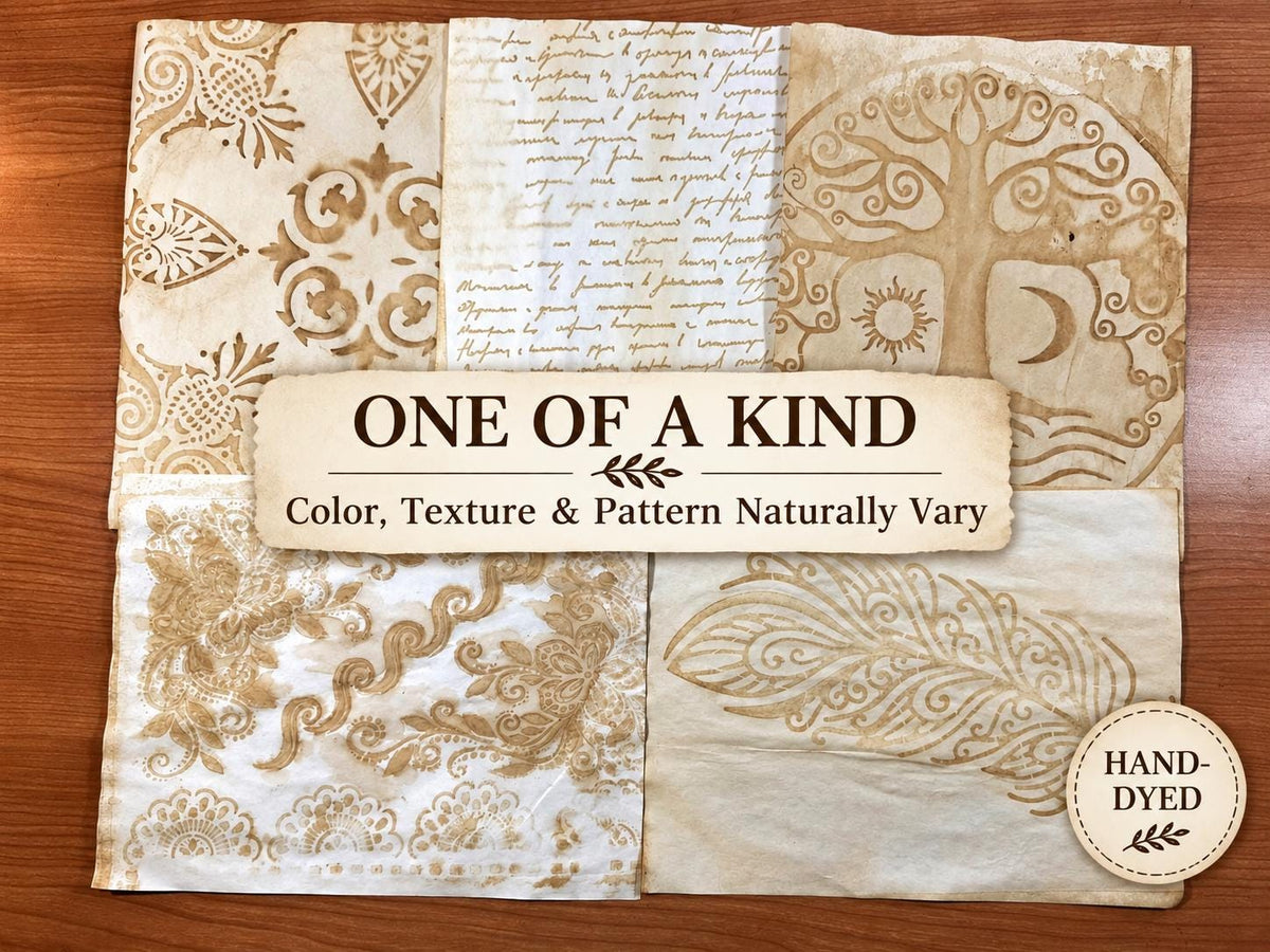Coffee Dyed Paper & Tea Dyed Paper for Junk Journals | Handmade Stenciled, Mottled, Aged, Vintage Paper With Ephemera Pack