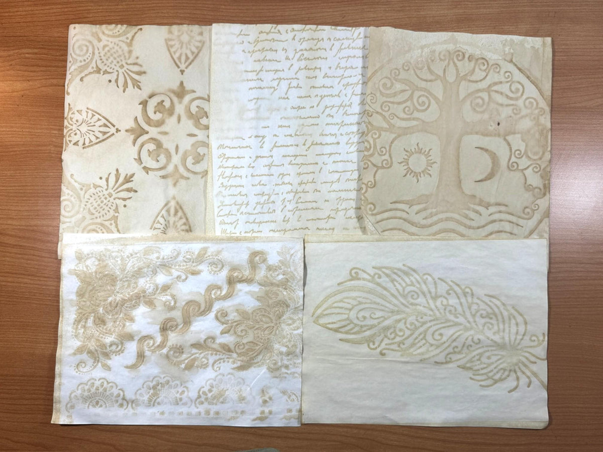 Hand Dyed Coffee Junk Journal Paper, Tea-Stained Paper, Stenciled, Mottled, Vintage Craft Ephemera, Bulk Paper Packs 5-500 Sheets