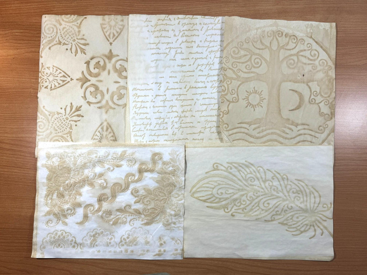 Coffee Dyed Paper & Tea Dyed Paper for Junk Journals | Handmade Stenciled, Mottled, Aged, Vintage Paper With Ephemera Pack