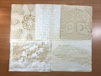 Coffee Dyed Paper & Tea Dyed Paper for Junk Journals | Handmade Stenciled, Mottled, Aged, Vintage Paper With Ephemera Pack