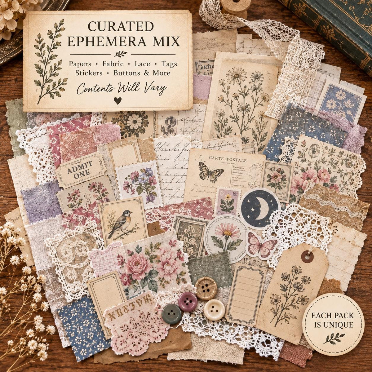 Coffee Dyed Paper & Tea Dyed Paper for Junk Journals | Handmade Stenciled, Mottled, Aged, Vintage Paper With Ephemera Pack