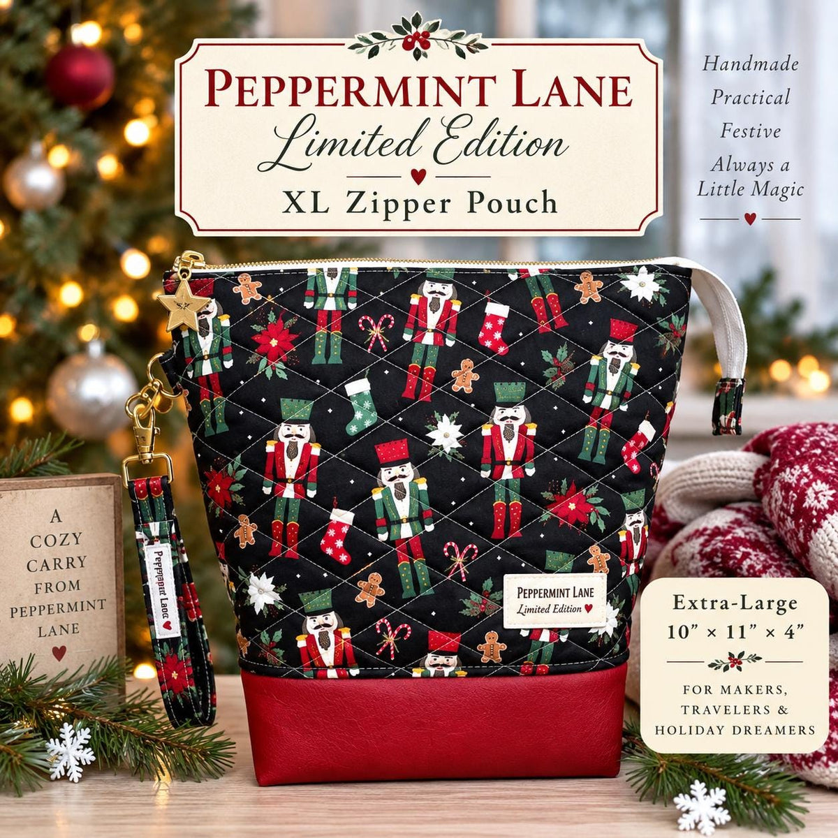 XL Nutcracker Christmas Project Bag, Quilted Zipper Pouch, Holiday Craft Organizer, Peppermint Lane Limited Edition