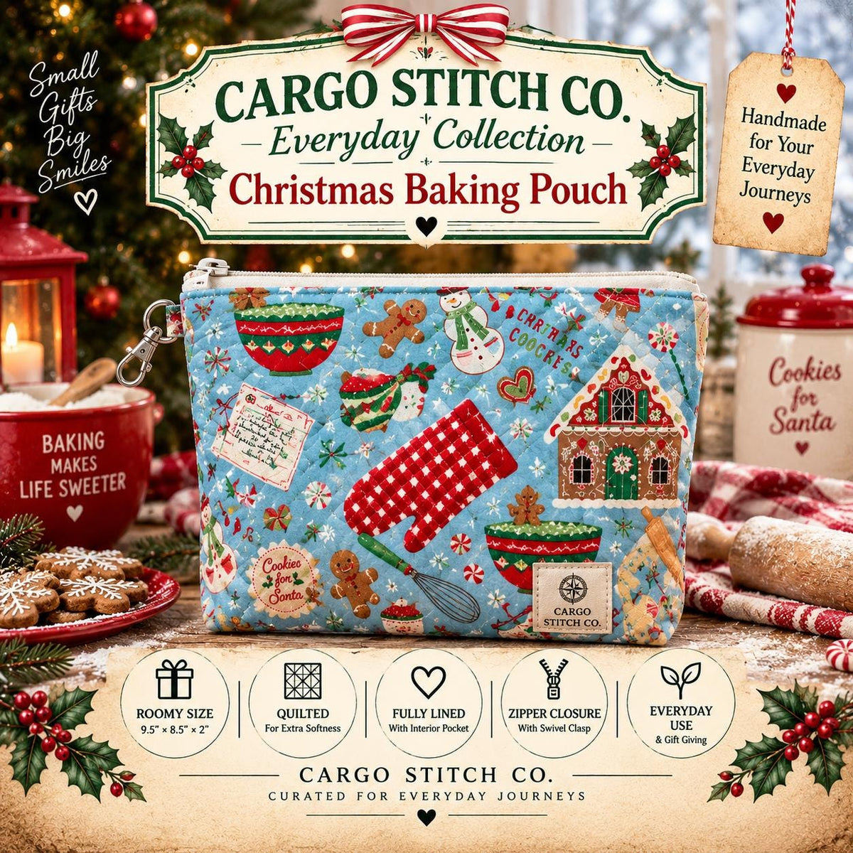 Christmas Baking Quilted Zipper Pouch | Large Holiday Project Bag | Gingerbread Christmas Makeup Bag | Handmade Gift for Baker