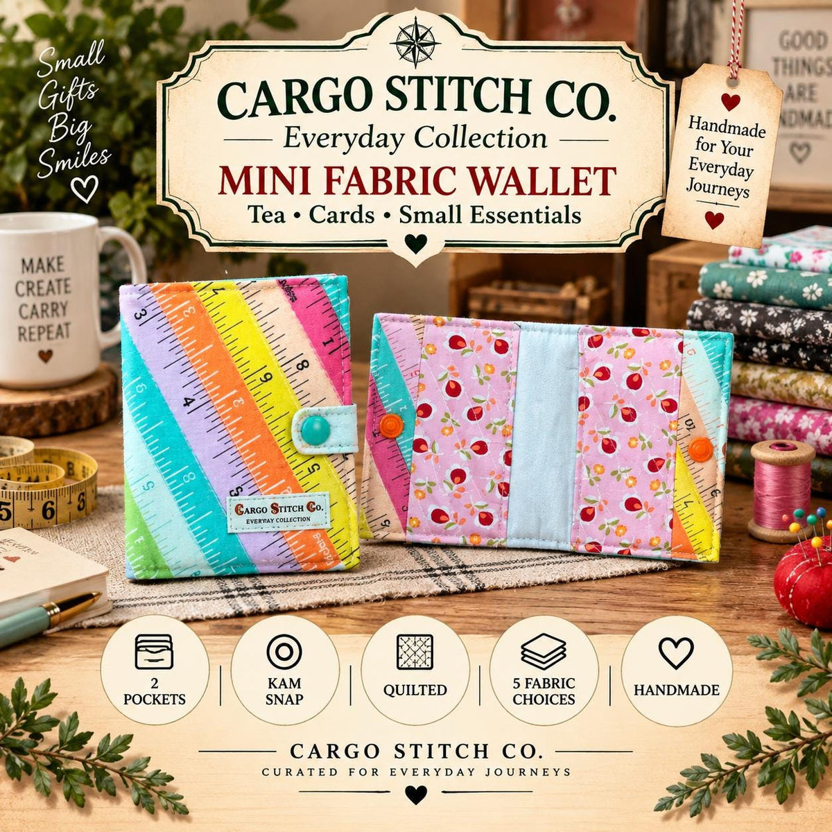 Mini Fabric Wallet | Quilted Card Holder & Tea Wallet | Handmade Small Essentials Organizer | Kam Snap Wallet | Gift for Sewists