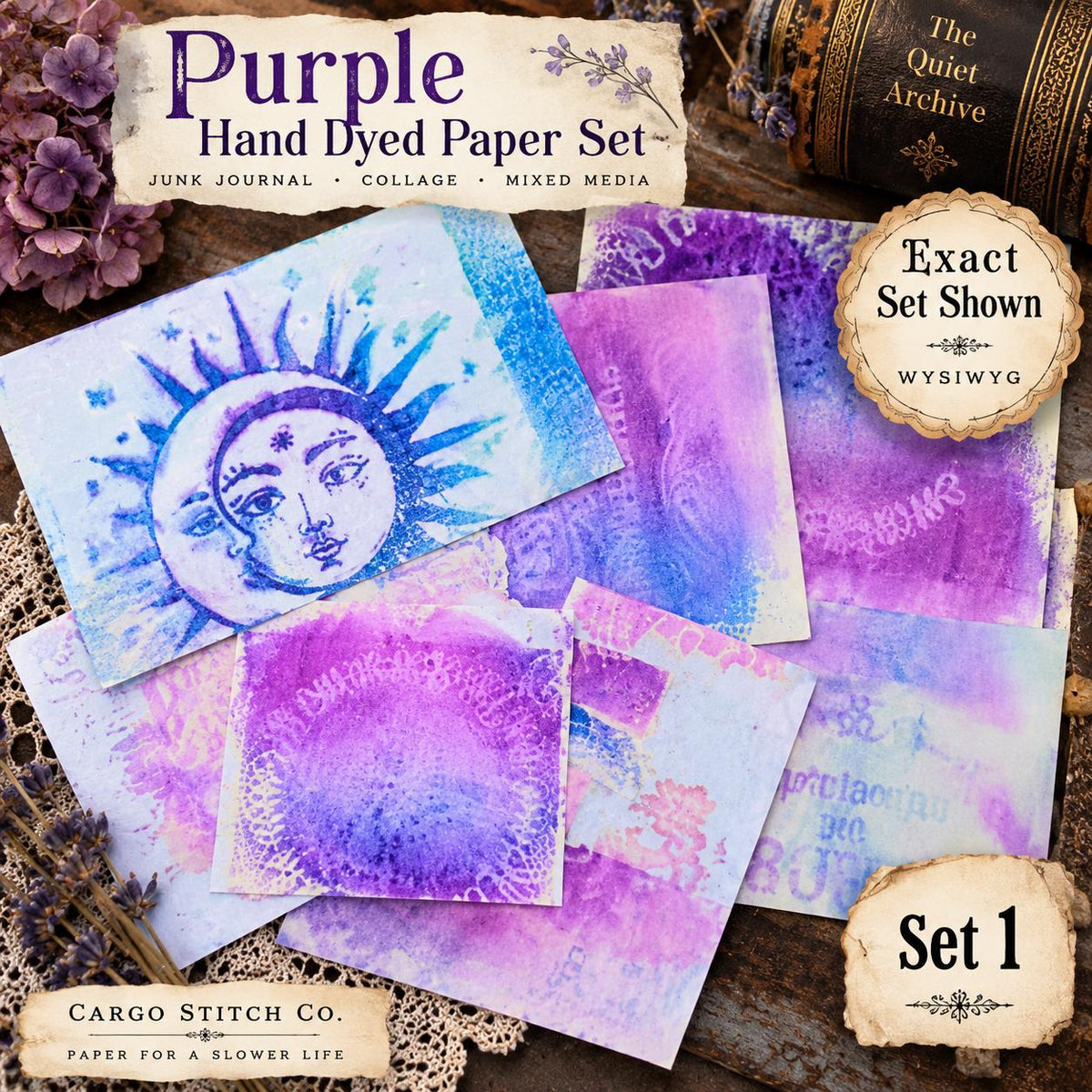Hand Dyed Paper Ephemera Set | WYSIWYG Purple Paper Pack | Exact Set Shown | Junk Journal & Collage Supplies