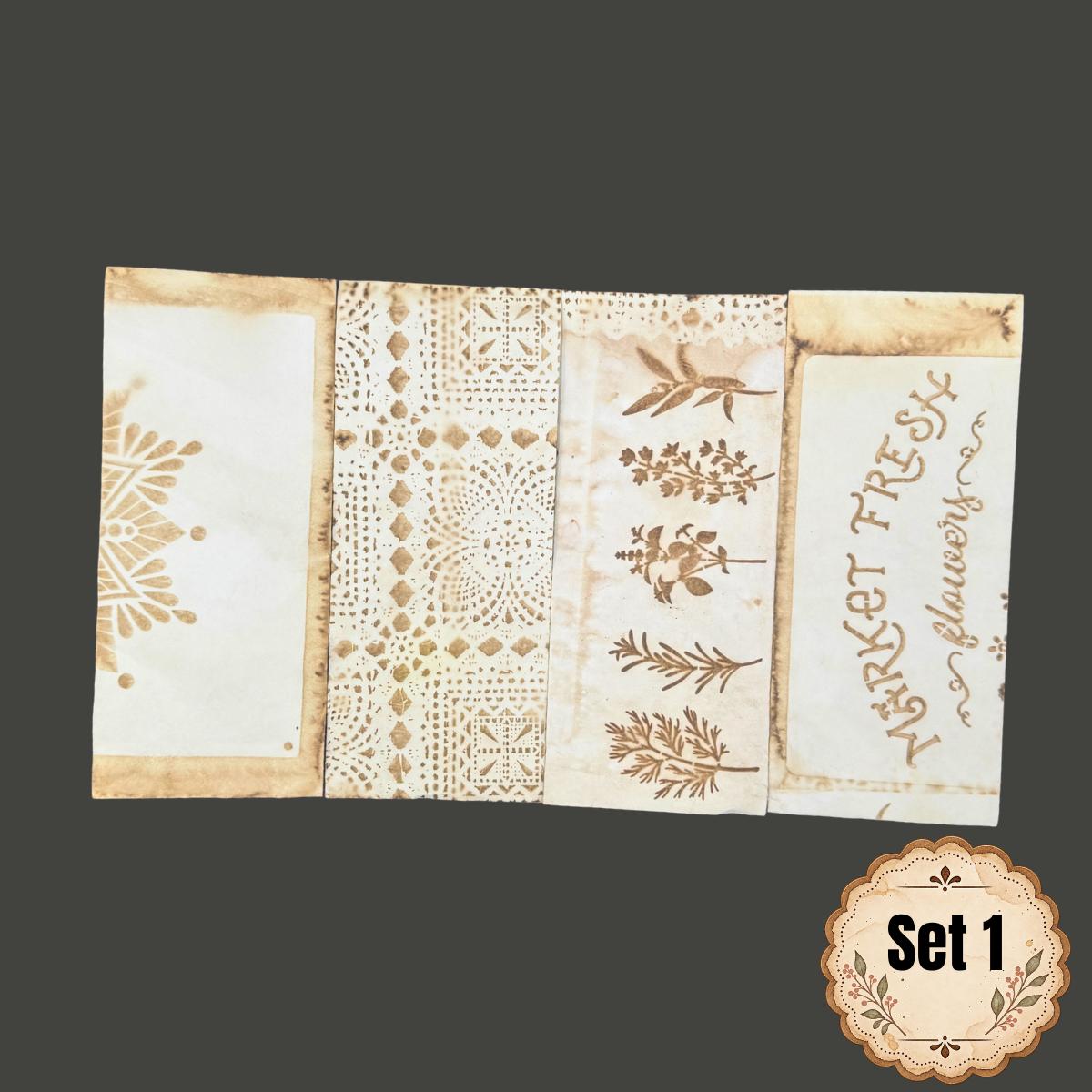 Coffee Dyed Paper Ephemera Set, Hand Stenciled Junk Journal Paper, Vintage Collage Pack, Mixed Media Craft Supplies