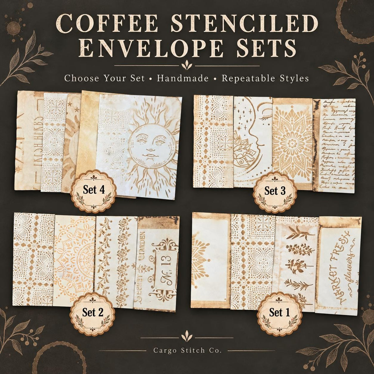 Coffee Dyed Paper Ephemera Set, Hand Stenciled Junk Journal Paper, Vintage Collage Pack, Mixed Media Craft Supplies