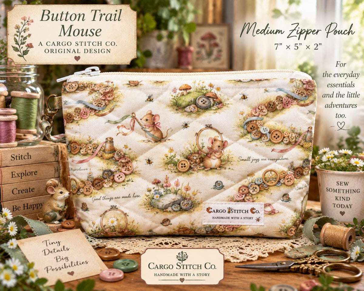 Button Trail Mouse Quilted Zipper Pouch, Medium Makeup Bag, Sewing Notions Pouch, Handmade Cottagecore Organizer