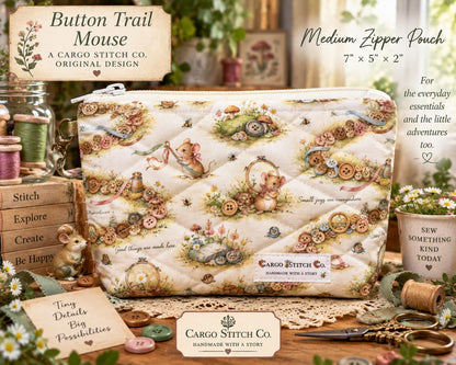 Button Trail Mouse Quilted Zipper Pouch, Medium Makeup Bag, Sewing Notions Pouch, Handmade Cottagecore Organizer
