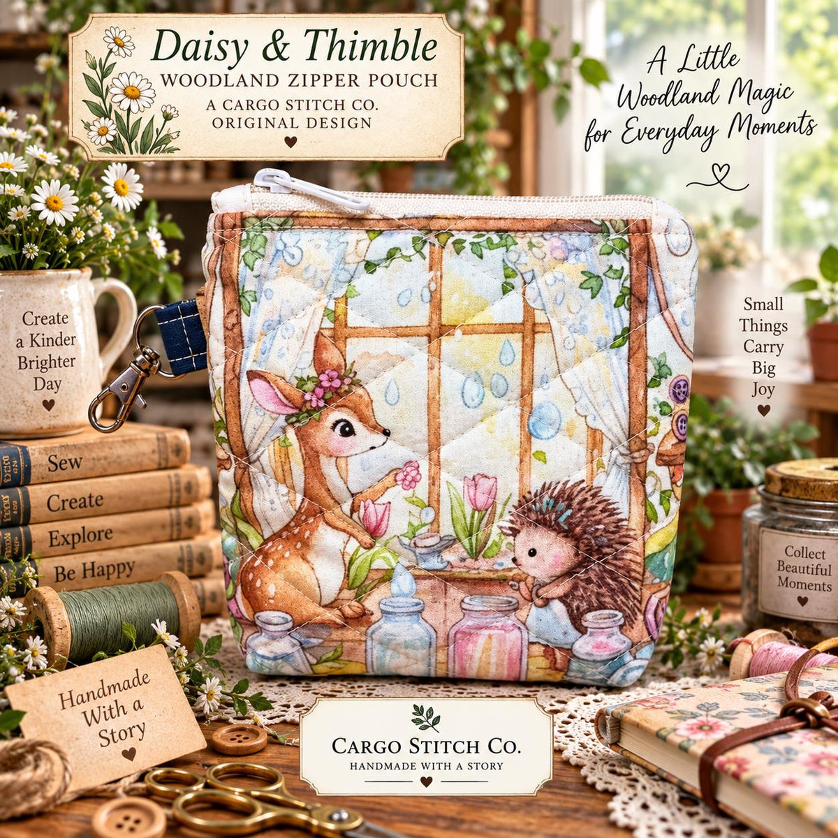 Daisy & Thimble Woodland Zipper Pouch — 6″ × 6″ × 1″ Deer Hedgehog Quilted Bag, Handmade Sewing and Craft Organizer
