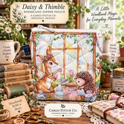 Daisy & Thimble Woodland Zipper Pouch — 6″ × 6″ × 1″ Deer Hedgehog Quilted Bag, Handmade Sewing and Craft Organizer