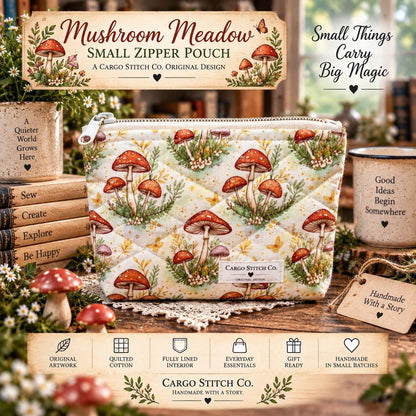 Mushroom Quilted Zipper Pouch, Small Woodland Makeup Bag, Cottagecore Organizer, Handmade Gift