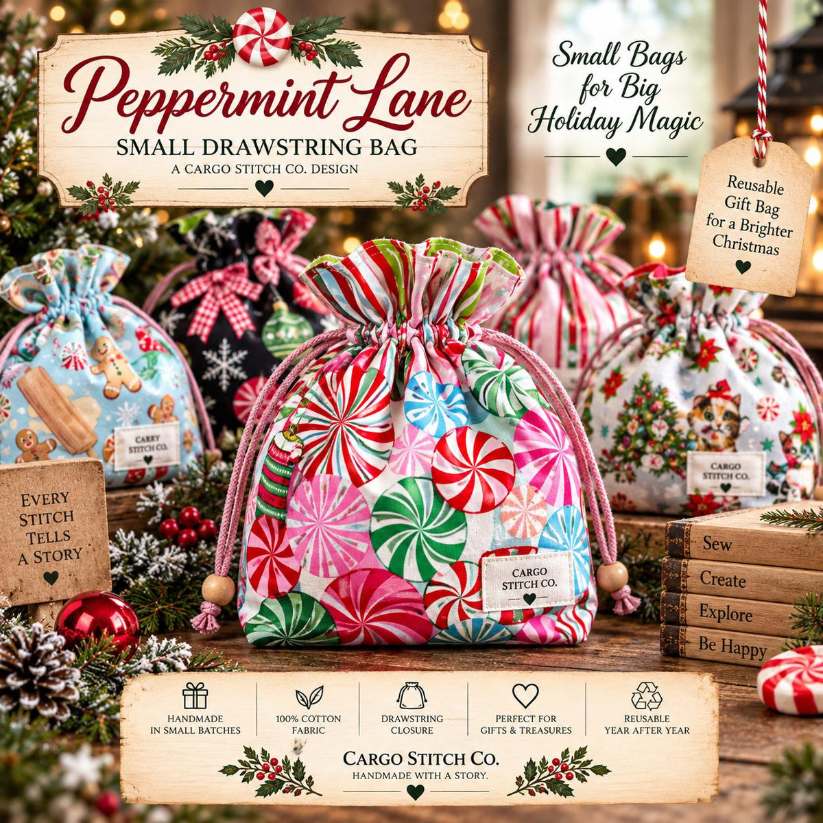 Christmas Drawstring Gift Bag, Handmade Fabric Pouch, Reusable Gift Bag, Stocking Stuffer, Peppermint Lane