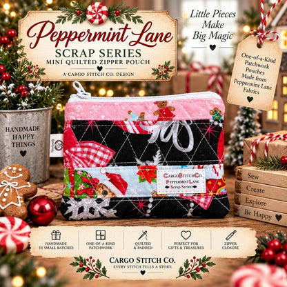Christmas Patchwork Zipper Pouch, Quilted Mini Pouch, Handmade Stocking Stuffer, Peppermint Lane Scrap Series