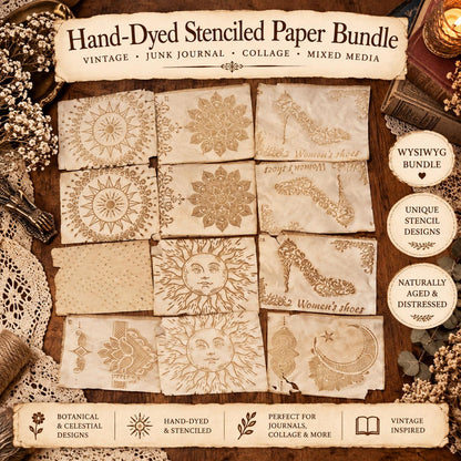 Hand Dyed Stenciled Paper Bundle, Vintage Junk Journal Pages, Celestial & Botanical Paper, Handmade Journal Supplies