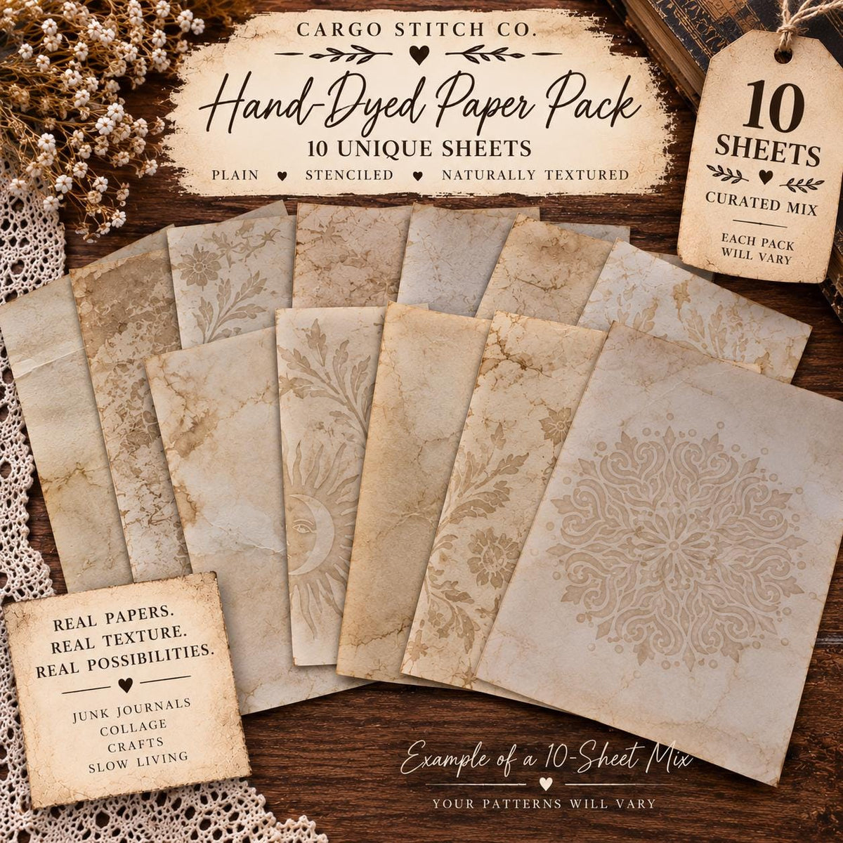 Hand Dyed Coffee Junk Journal Paper, Tea-Stained Paper, Stenciled, Mottled, Vintage Craft Ephemera, Bulk Paper Packs 5-500 Sheets