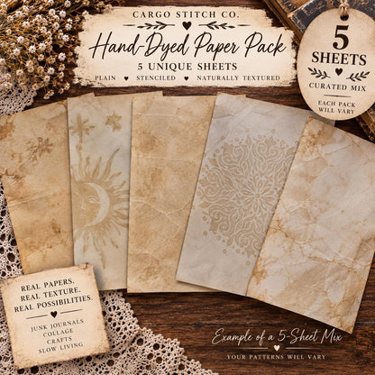 Hand Dyed Coffee Junk Journal Paper, Tea-Stained Paper, Stenciled, Mottled, Vintage Craft Ephemera, Bulk Paper Packs 5-500 Sheets