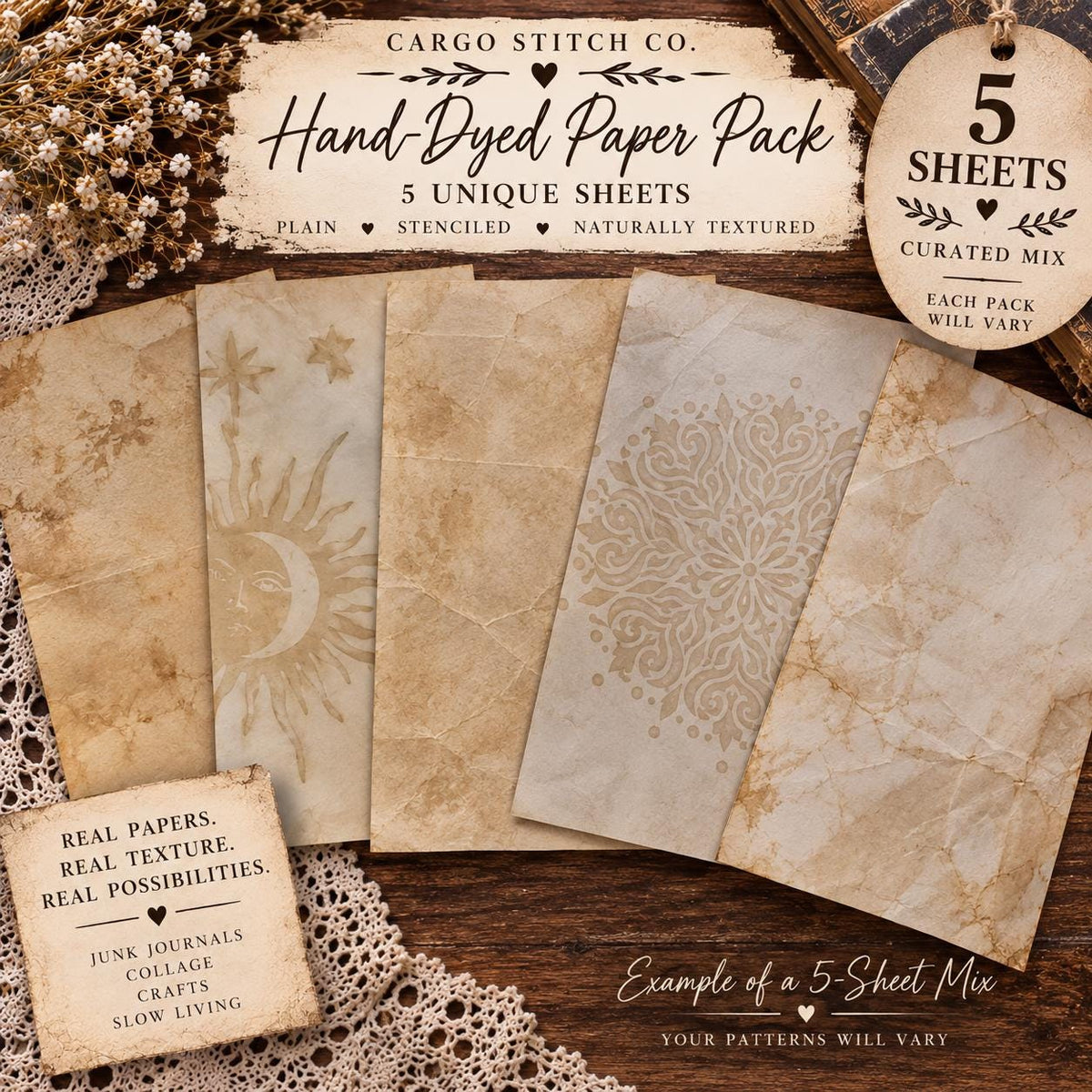 Hand Dyed Coffee Junk Journal Paper, Tea-Stained Paper, Stenciled, Mottled, Vintage Craft Ephemera, Bulk Paper Packs 5-500 Sheets