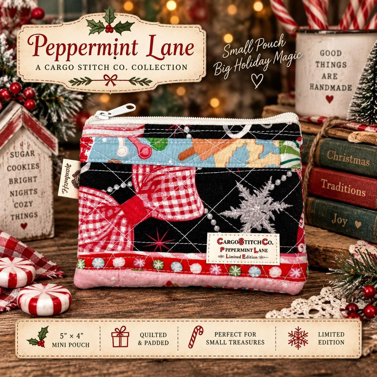 Peppermint Lane Mini Quilted Zipper Pouch, Christmas Patchwork Coin Purse, Gift Card Holder, Stocking Stuffer