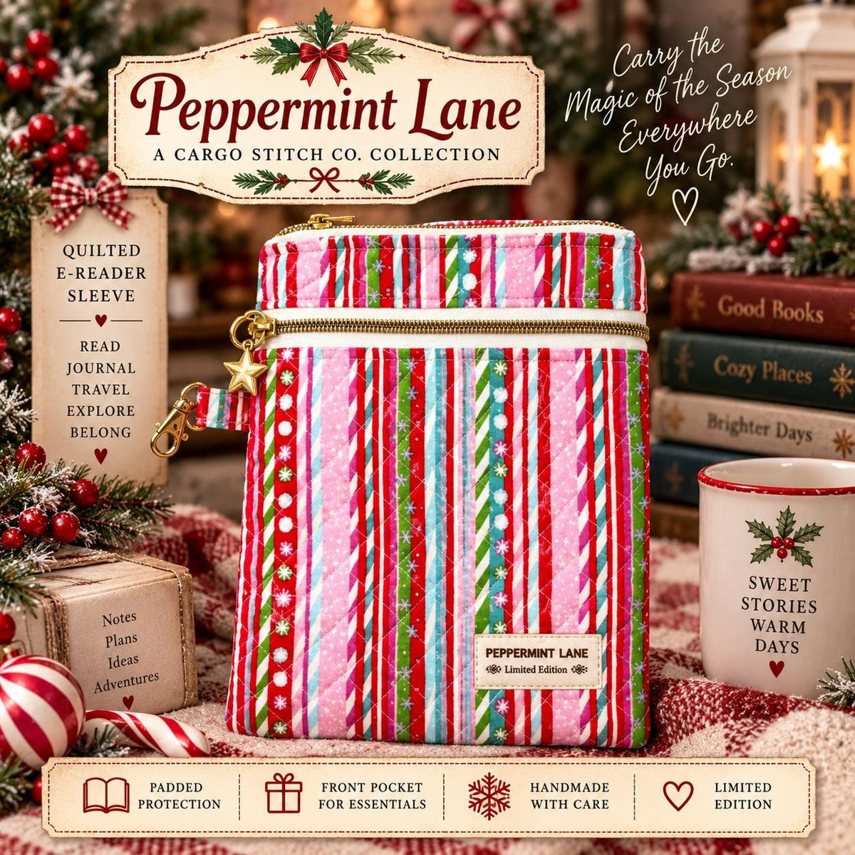 Christmas Kindle Sleeve, Quilted E-Reader Case, Peppermint Lane Limited Edition, Book Lover Gift