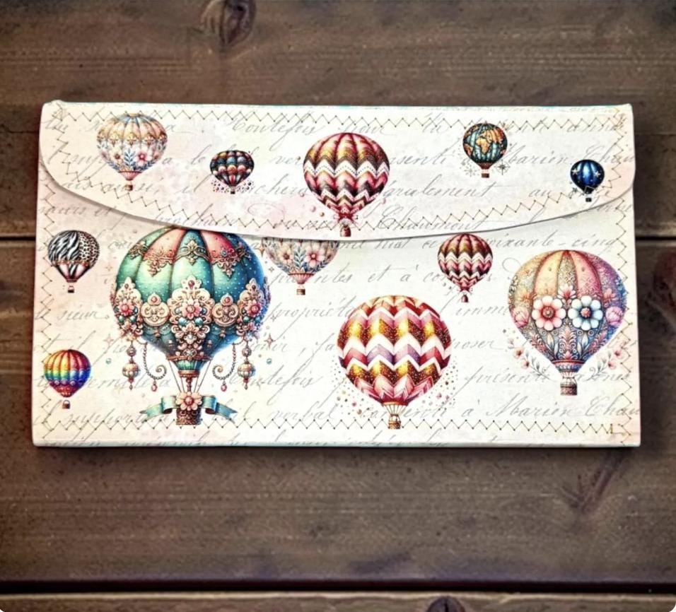 Hot Air Balloon Accordion File Folder, 17 Pocket Ephemera Organizer, Junk Journal Storage, Handmade Paper Clutch
