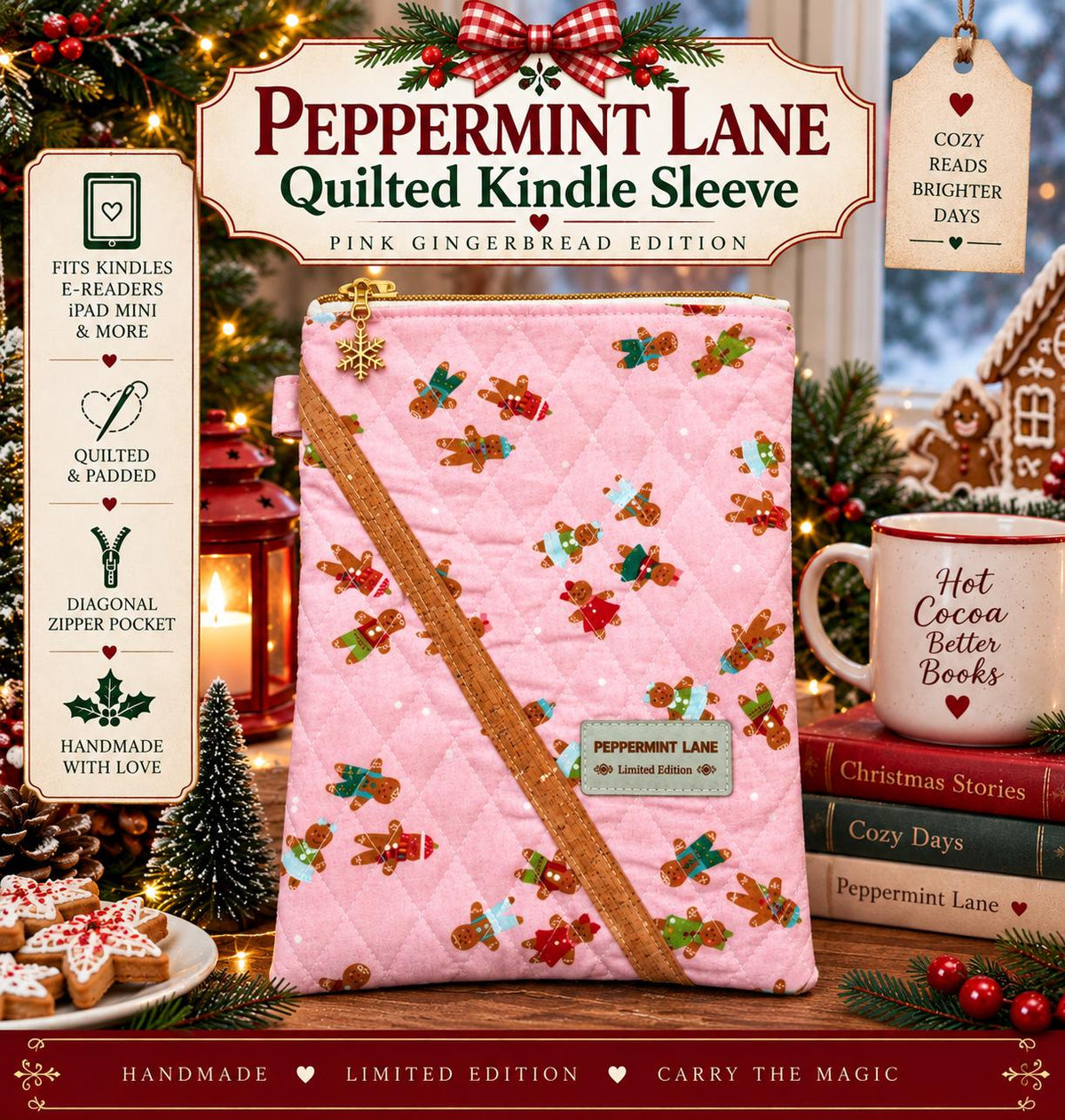 Pink Gingerbread Kindle Sleeve, Quilted E Reader Case, iPad Mini Sleeve, Christmas Book Sleeve, Peppermint Lane