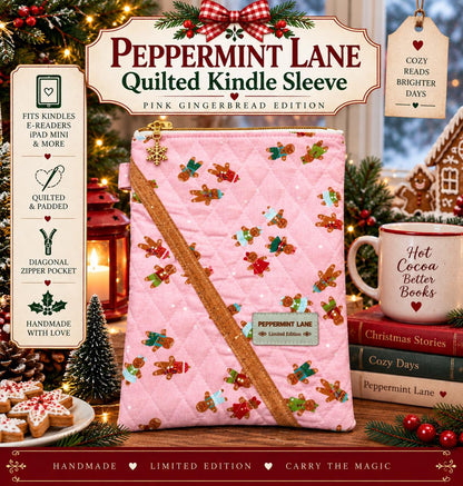 Pink Gingerbread Kindle Sleeve, Quilted E Reader Case, iPad Mini Sleeve, Christmas Book Sleeve, Peppermint Lane