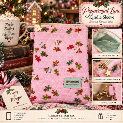 Pink Gingerbread Kindle Sleeve, Quilted E-Reader Case, iPad Mini Sleeve, Christmas Book Lover Gift, Peppermint Lane