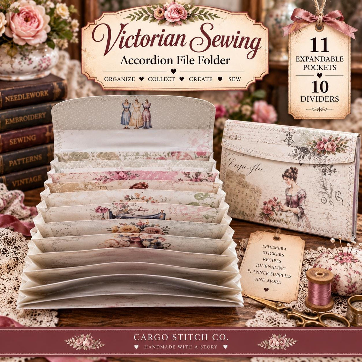 Victorian Sewing Accordion File Folder, 11 Pocket Ephemera Organizer, Junk Journal Storage, Handmade Paper Organizer