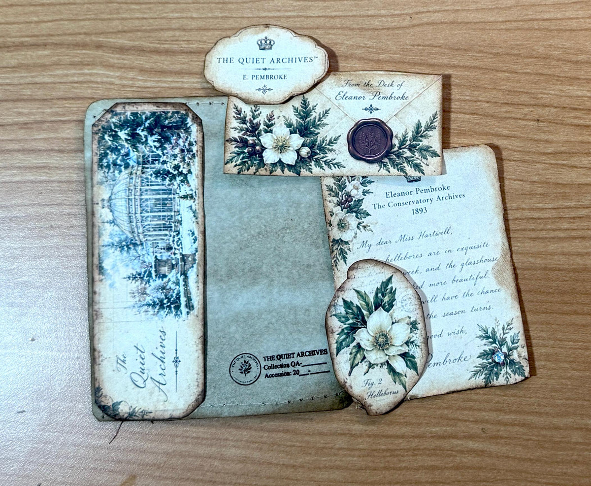 Handmade Loaded Tag Set, 4 Victorian Christmas Junk Journal Tags with Envelope & Ephemera, Eleanor’s Winter Conservatory