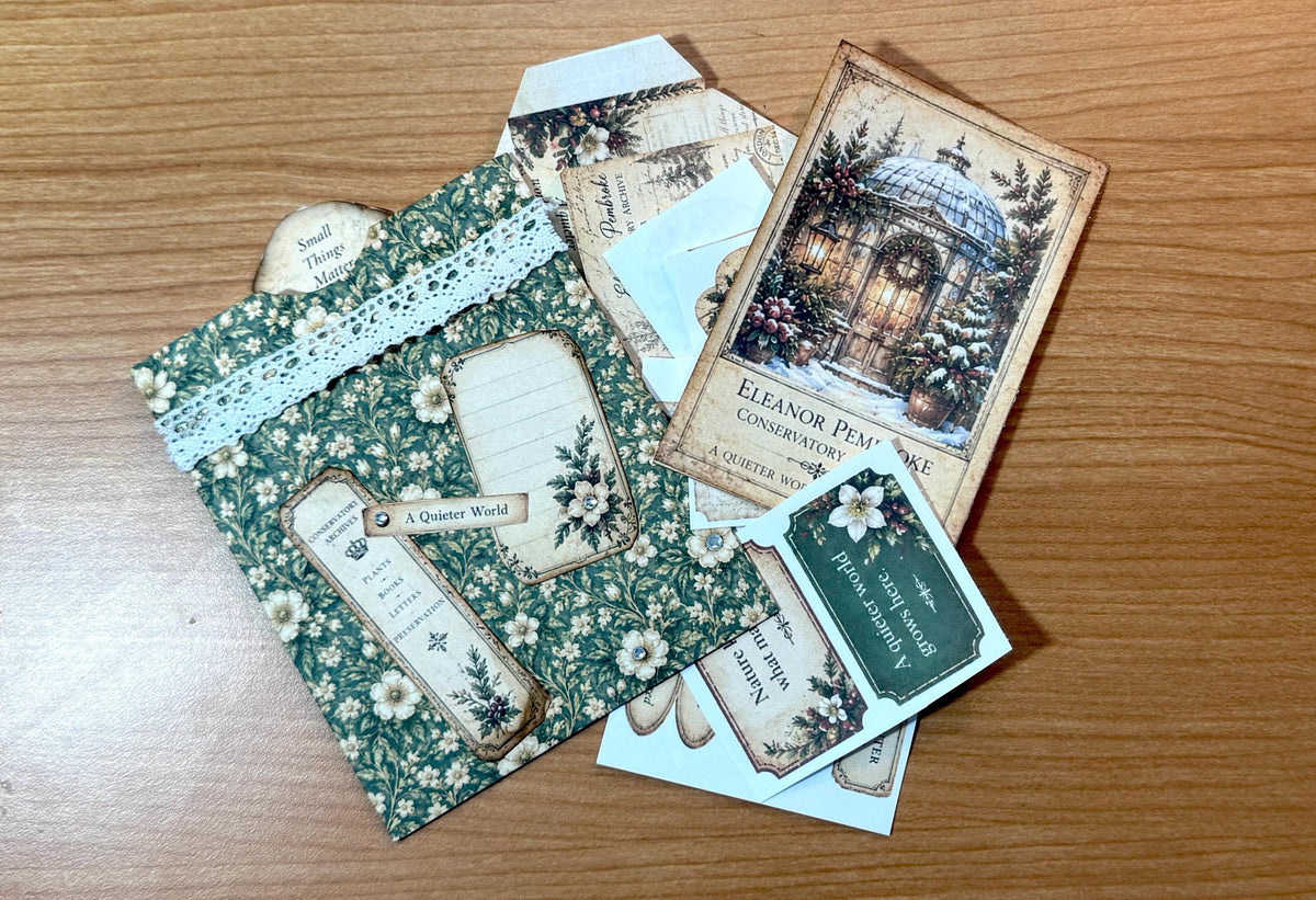 Handmade Loaded Tag Set, 4 Victorian Christmas Junk Journal Tags with Envelope & Ephemera, Eleanor’s Winter Conservatory