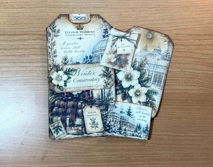 Handmade Loaded Tag Set, 4 Victorian Christmas Junk Journal Tags with Envelope & Ephemera, Eleanor’s Winter Conservatory