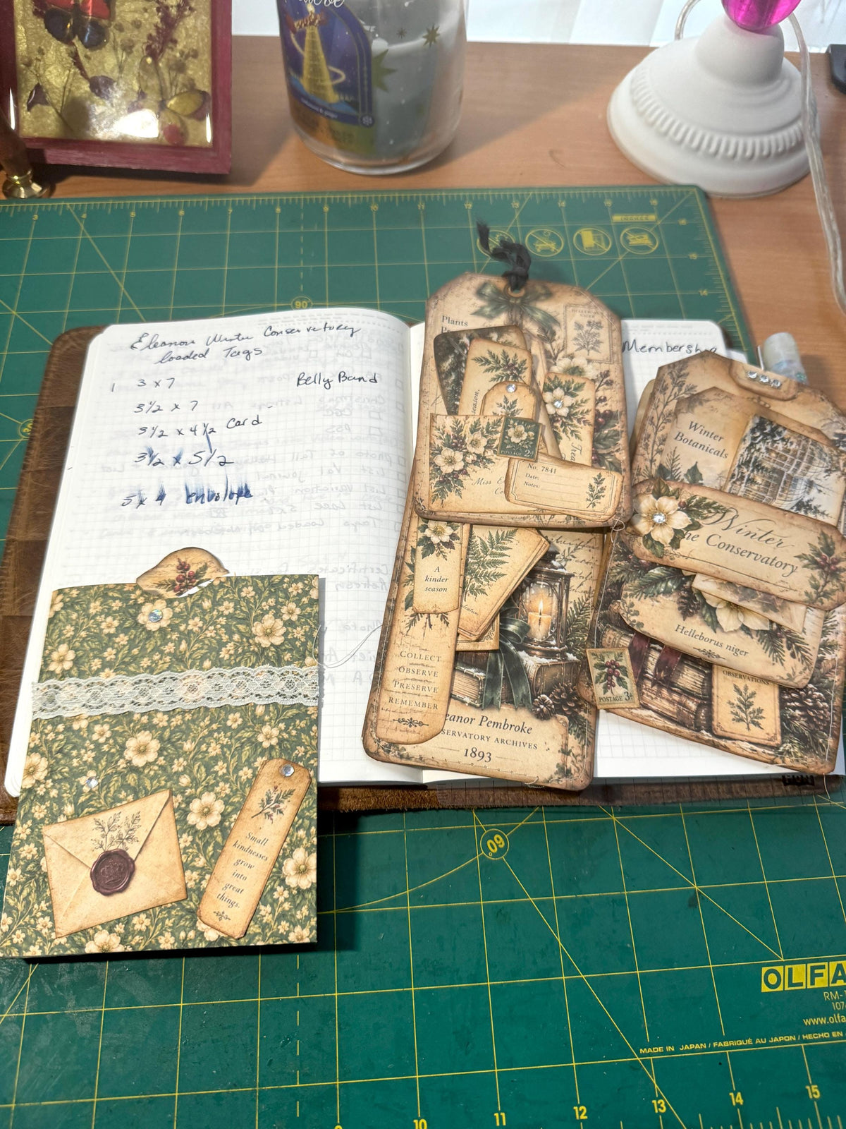 Handmade Loaded Tag Set, 4 Victorian Christmas Junk Journal Tags with Envelope & Ephemera, Eleanor’s Winter Conservatory