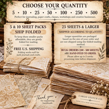 Hand Dyed Coffee Junk Journal Paper, Tea-Stained Paper, Stenciled, Mottled, Vintage Craft Ephemera, Bulk Paper Packs 5-500 Sheets