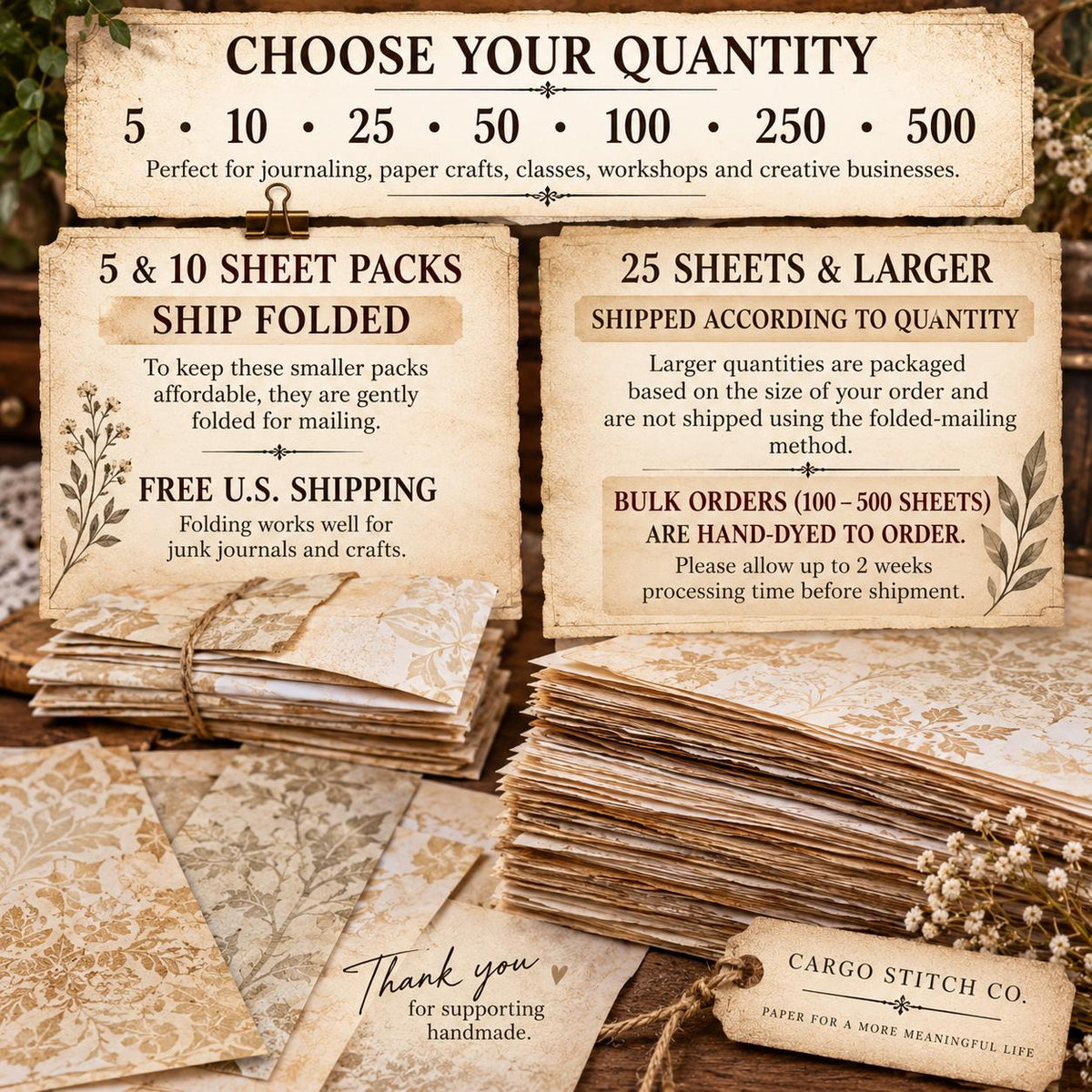 Hand Dyed Coffee Junk Journal Paper, Tea-Stained Paper, Stenciled, Mottled, Vintage Craft Ephemera, Bulk Paper Packs 5-500 Sheets