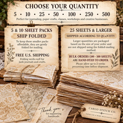 Hand Dyed Coffee Junk Journal Paper, Tea-Stained Paper, Stenciled, Mottled, Vintage Craft Ephemera, Bulk Paper Packs 5-500 Sheets