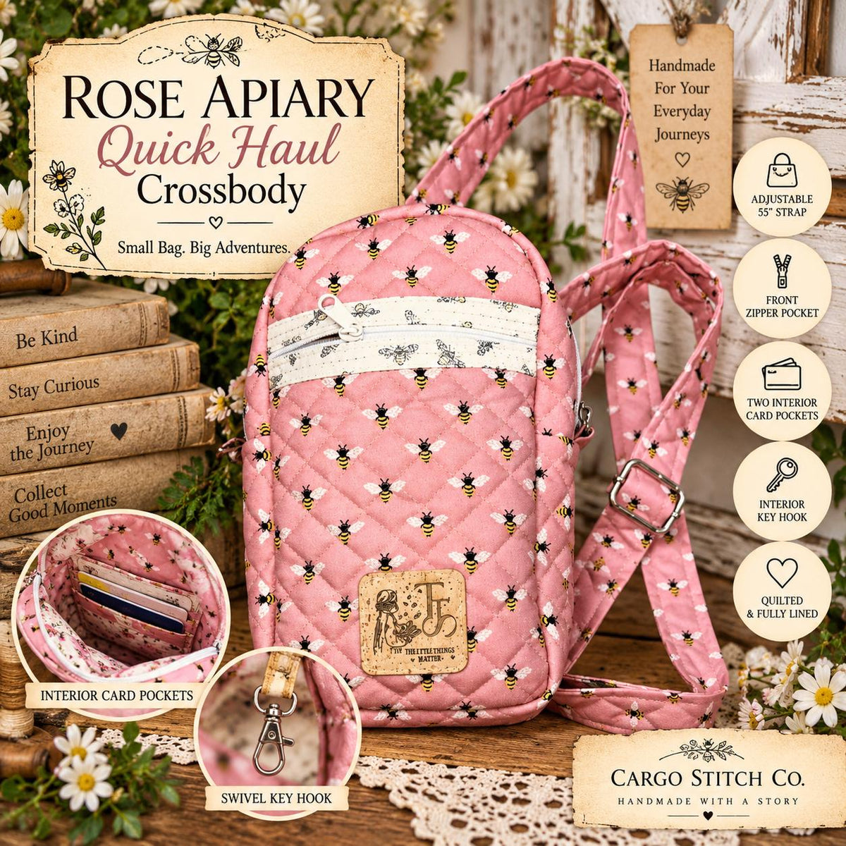 Pink Bee Crossbody Bag, Quilted Phone Bag, Small Zipper Purse, Adjustable Strap, Rose Apiary Quick Haul, Handmade Gift