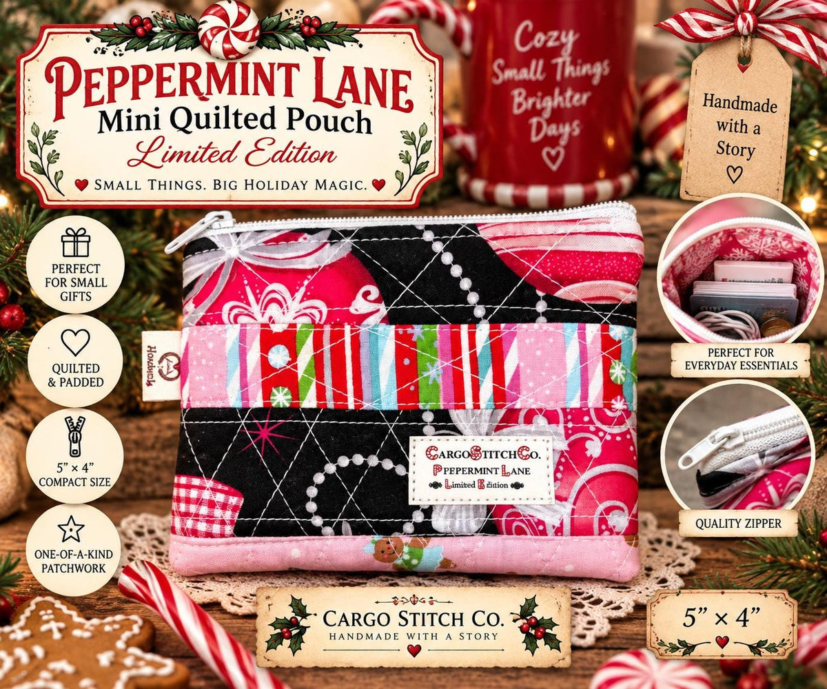 Peppermint Lane Mini Quilted Zipper Pouch, Christmas Coin Purse, Patchwork Stocking Stuffer, Small Holiday Gift