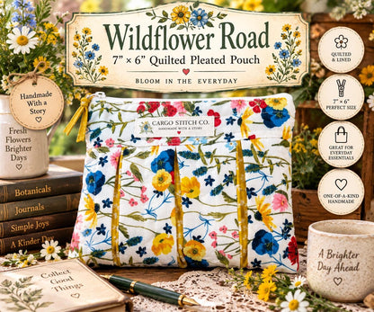 Wildflower Quilted Zipper Pouch, Floral Pleated Makeup Bag, Garden Cosmetic Pouch, Handmade Project Bag, Floral Gift