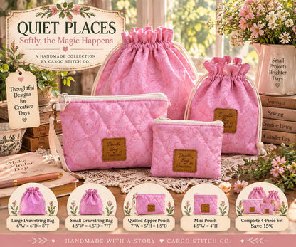 Pink Drawstring Project Bag, Quilted Zipper Pouch, Handmade Organizer, Quiet Places Collection, Sewing & Journal Gift