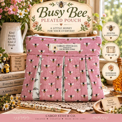 Bee Quilted Zipper Pouch, Pleated Makeup Bag, Pink Bee Pouch, Garden Lover Gift, Handmade Cosmetic Bag, Busy Bee