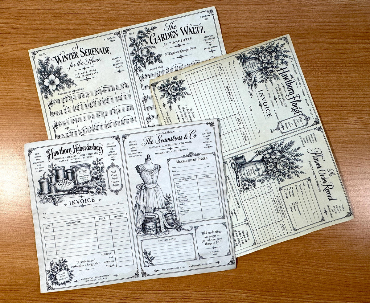 Hand Coffee Dyed Paper Pack, 11 Printed Vintage Journal Pages, Victorian Ephemera, Junk Journal Papers, Handmade Paper