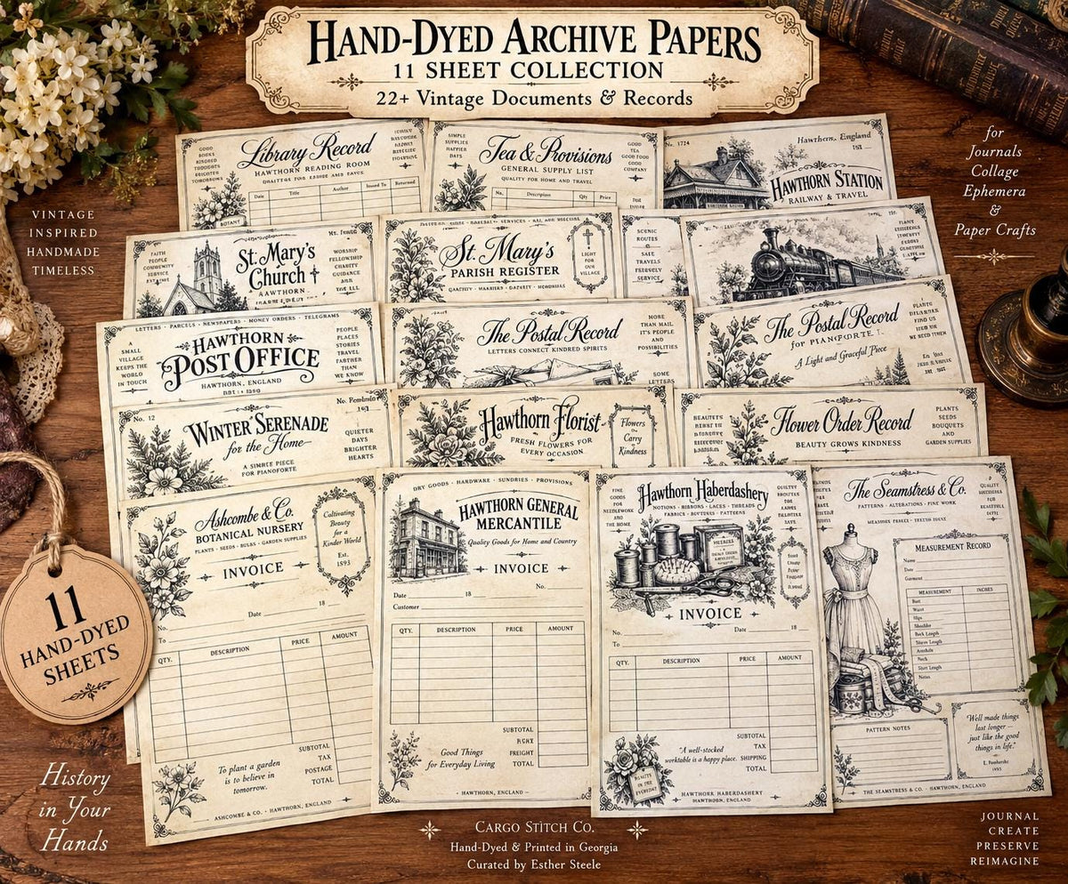 Hand Coffee Dyed Paper Pack, 11 Printed Vintage Journal Pages, Victorian Ephemera, Junk Journal Papers, Handmade Paper