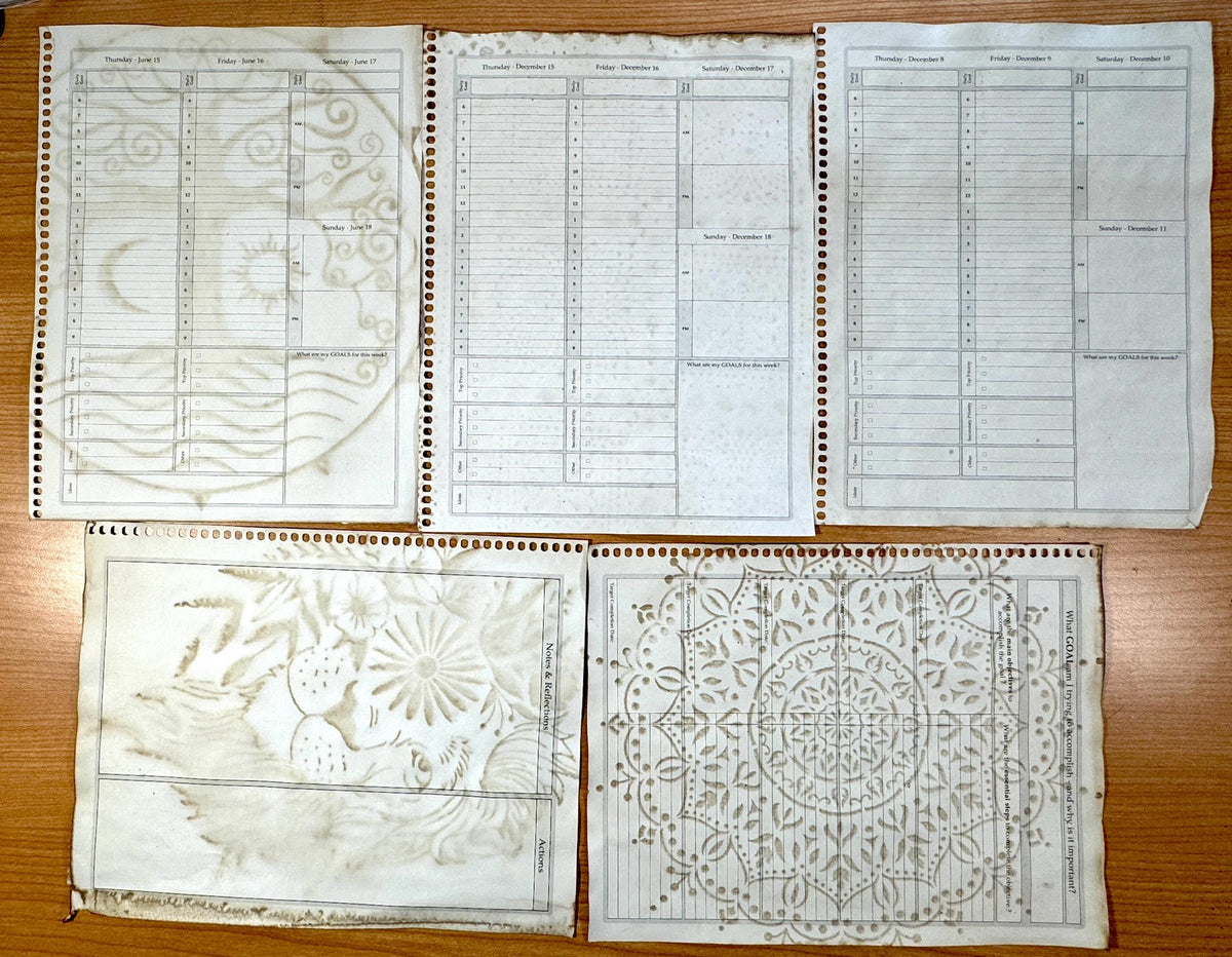 Reclaimed Coffee Dyed Paper Pack, Stenciled Planner Pages, Junk Journal Paper, Vintage Journal Ephemera, Handmade Paper