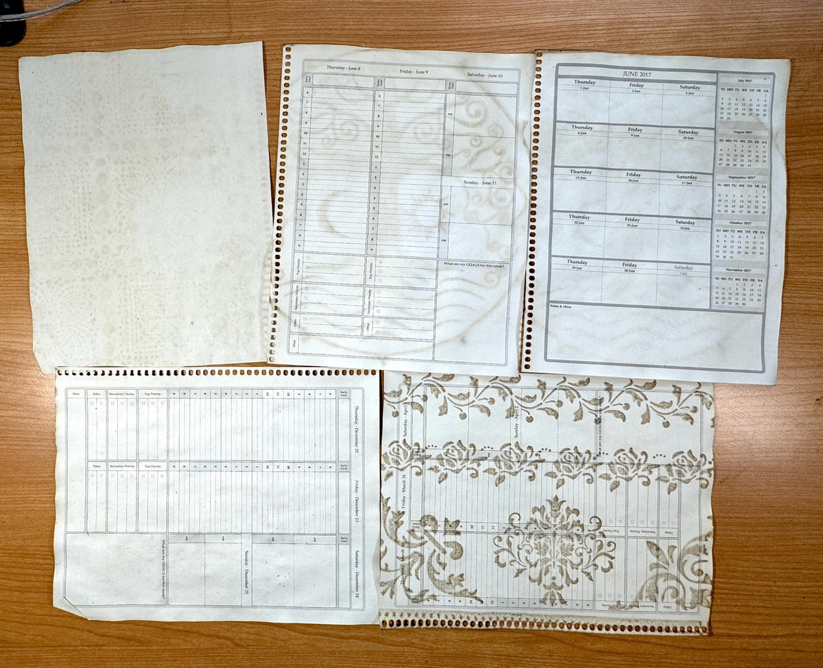 Reclaimed Coffee Dyed Paper Pack, Stenciled Planner Pages, Junk Journal Paper, Vintage Journal Ephemera, Handmade Paper