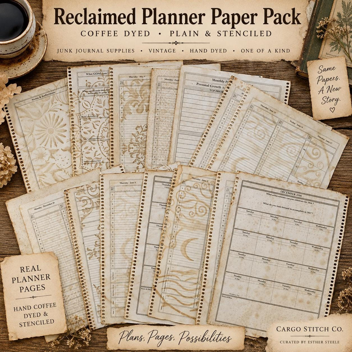Reclaimed Coffee Dyed Paper Pack, Stenciled Planner Pages, Junk Journal Paper, Vintage Journal Ephemera, Handmade Paper