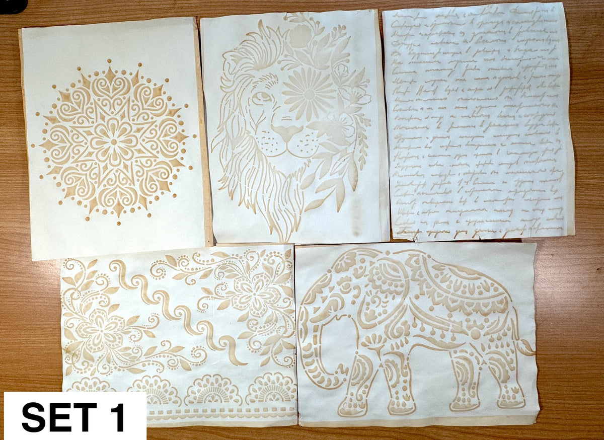 Hand Dyed Stenciled Paper, 5 Sheet Junk Journal Paper Set, Vintage Handmade Paper, Exact Set Shown, Journal Supplies