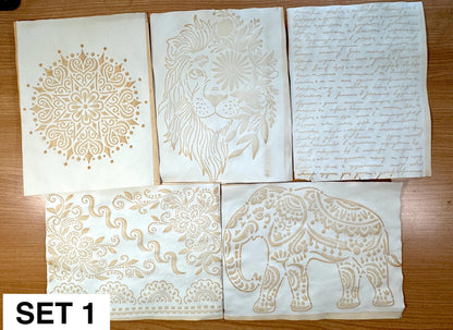 Hand Dyed Stenciled Paper, 5 Sheet Junk Journal Paper Set, Vintage Handmade Paper, Exact Set Shown, Journal Supplies